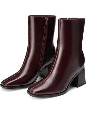 Women's Burgundy Faux Leather Side Zipper Square Toe Ankle Block Heel Boots